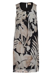 Ärmelloses Kleid aus leichtem Stoff mit schwarzem Grund und beigen Blumen- und Blattmustern. Schlüssel hinten Detail, gerade Silhouette.
