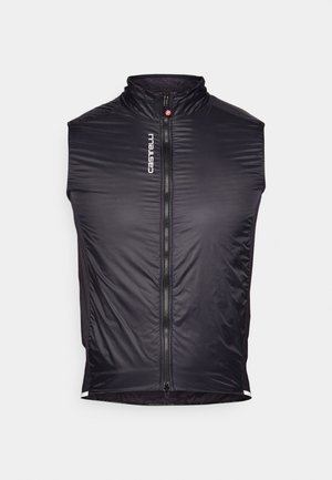 Gilet noir isolant avec un col haut, fermeture éclair sur toute la longueur à l'avant et un logo discret. Tissu lisse et brillant avec une coupe ajustée.