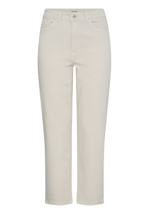 Pantalon beige à jambes droites avec fermeture à boutons et fermeture éclair à l'avant, passants pour ceinture et poches avant de chaque côté.