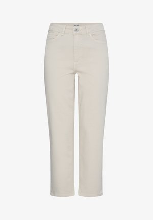 Pantalon beige à jambes droites avec fermeture à boutons et fermeture éclair à l'avant, passants pour ceinture et poches avant de chaque côté.