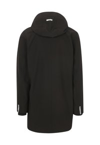 Zwarte lange jas met capuchon, reflecterende strips op de mouwen en bovenrug, van achteren getoond op een witte achtergrond.