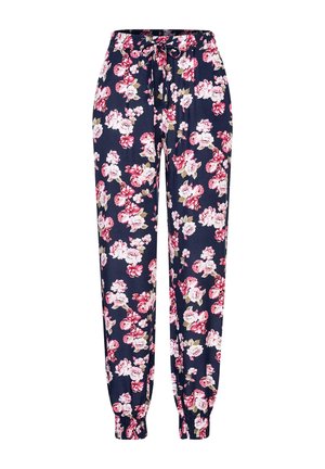 Pantalons de jogging floraux en tissu doux, présentant un fond marine avec des fleurs vibrantes roses et blanches, des poignets élastiques et une taille à cordon.
