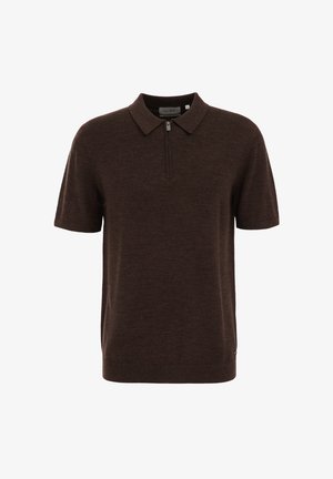 Polo shirt marrone a maniche corte realizzato in materiale soffice, con colletto zip e orlo a costine. Colore semplice e uniforme, senza motivi.