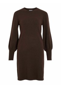 Robe tricotée brune avec un col rond, de longues manches bouffantes et des poignets côtelés. Texture lisse et finition au genou.