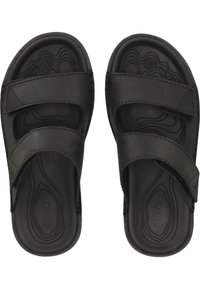 Svarta slidesandaler med två justerbara remmar, som har en texturerad innersula och en slät yta. Tillverkade av syntetiska material.
