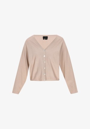 Bež jakna s kratkimi rokavi, V-izrezom, dolgimi rokavi in šestimi sprednjimi gumbi. Narejena iz gladkega, lahkega materiala. Preprost in minimalističen dizajn.