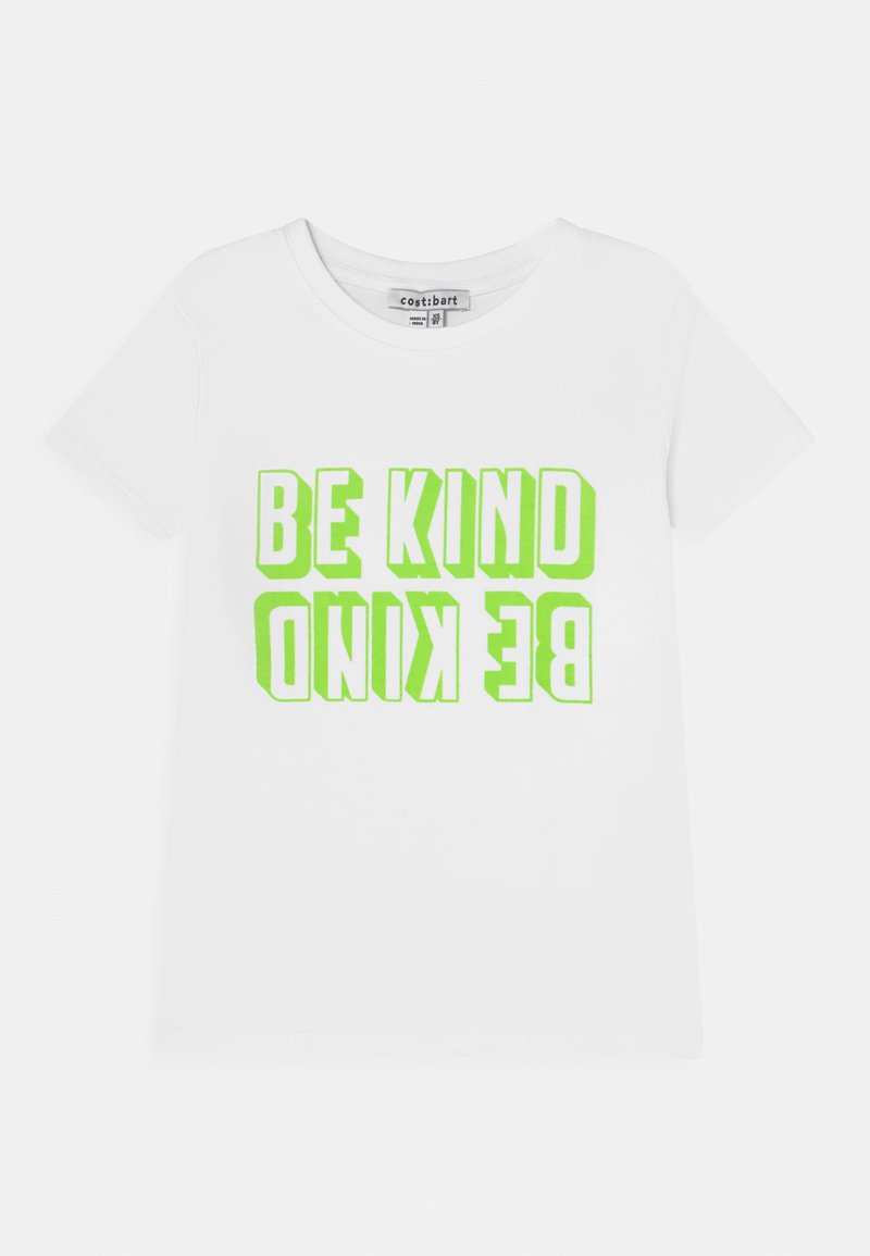 Camiseta de algodão branca com texto refletivo em verde néon: "SEJA BONS SEJA BONS" exibido de forma proeminente em letras maiúsculas e negrito.