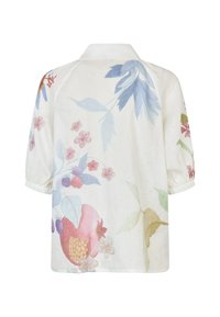 Hvid skjorte med farverige blomsterprint i blød pink, blå og grøn. Har en klassisk krave og pufærmer med indsamlede manchetter.
