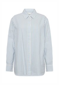 Light blue and white striped button-up shirt, long sleeves, collar, soft fabric, straight cut, with button closures at the front and cuffs.