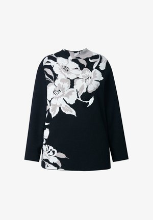 Czarny sweter z dużym kwiatowym wzorem w jasnoszarym i białym kolorze. Długie rękawy, wysoki dekolt, miękka tekstura i luźny krój.