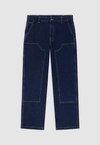 Blue denim jeans with a straight cut, featuring large front pockets and visible stitching. The fabric has a classic textured finish.