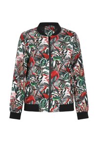 Jachetă bomber florală cu bază neagră, având păsări roșii și frunze verzi, închidere cu fermoar, manșete și tiv ribbate. Textură de material neted.
