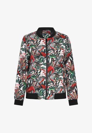 Bloemen bomberjack met een zwarte basis, voorzien van rode vogels en groene bladeren, met ritsluiting, geribbelde manchetten en zoom. Glad materiaal.