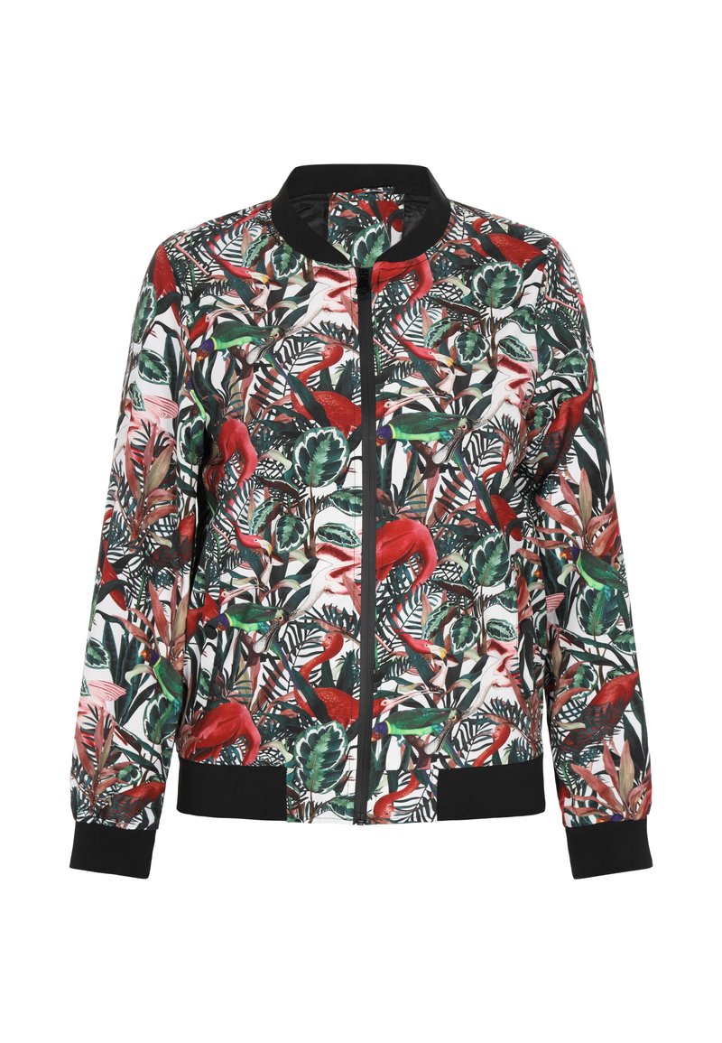 Jachetă bomber florală cu bază neagră, având păsări roșii și frunze verzi, închidere cu fermoar, manșete și tiv ribbate. Textură de material neted.