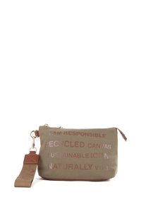 Geüpcycled canvas tasje in olijfgroen met roségouden tekst. Voorzien van een ritssluiting, bruine leren accenten en een afneembare band.