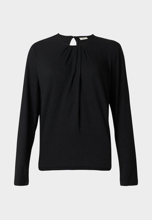 Top negru cu mânecă lungă, din țesătură texturată, având un decolteu rotund cu deschidere tip cheie și pliuri ușoare în față.