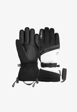 Schwarz-weiße Skihandschuhe mit Lederpalmen, elastischen Bündchen, verstellbaren Riemen und einer Reißverschlusstasche auf der Rückseite. Strukturierte Stoffoberfläche.