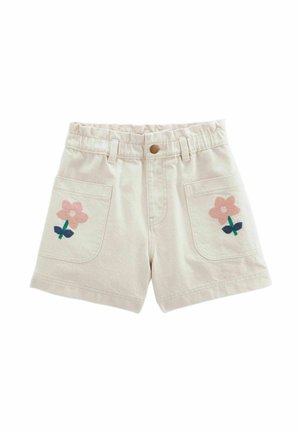 Shorts de couleur crème en coton avec une taille élastique. Présente une broderie de fleurs roses sur les deux poches avant.