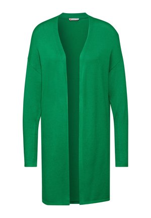 Cardigan verde a maglia con maniche lunghe, apertura frontale e texture liscia. Design semplice senza motivi visibili o dettagli in metallo.