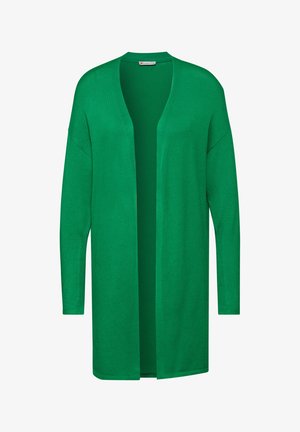 Grüner gestrickter Cardigan mit langen Ärmeln, offener Vorderseite und einer glatten Textur. Einfaches Design ohne sichtbare Muster oder Hardwaredetails.