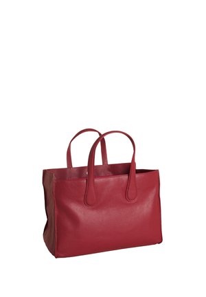 Red leather tote bag with two handles, rectangular shape, and smooth texture, shown against a white background.