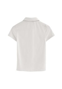 Koszulka polo z krótkim rękawem w jasnoszarym kolorze z bawełny, z kołnierzykiem i prostym dołem. Prosta i gładka faktura, bez wzorów czy akcentów.