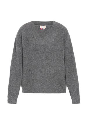 Pelēks ilgais piedurknes adīts džemperis ar V veida izgriezumu un mīkstu, teksturētu audumu, attēlots uz baltā fona.