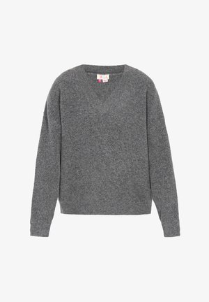 Siv pulover z dolgimi rokavi in V-izrezom, izdelan iz mehkega strukturiranega materiala, prikazan na belem ozadju.