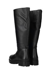 Leren laarzen tot de knie in zwart met een soepele textuur, ronde neus, stevige rubberen buitenzool en minimale stikdetails langs de zijkanten.