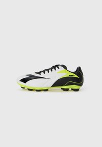 Football boots with a sleek design, featuring a black and white upper and neon yellow accents, textured surface, and studded black outsole.