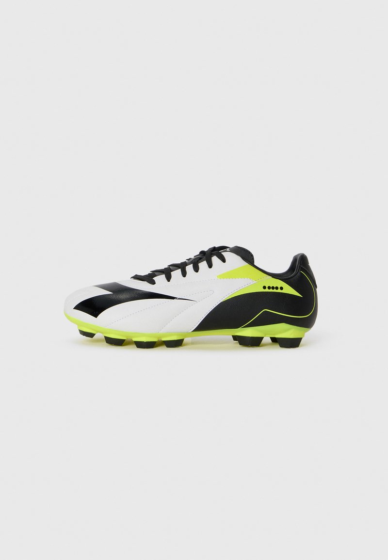 Football boots with a sleek design, featuring a black and white upper and neon yellow accents, textured surface, and studded black outsole.