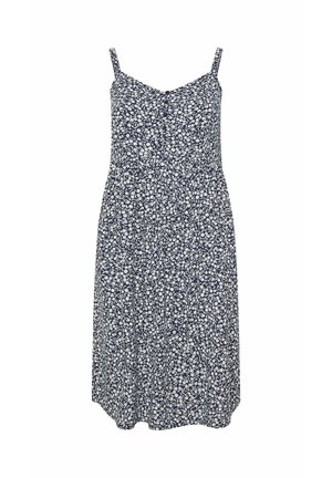 Marineblaues ärmelloses Sommerkleid mit dünnen Trägern und weißem Blumenmuster, knielang mit geraffter Taille.