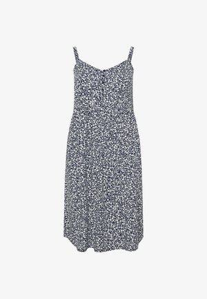 Marineblaues ärmelloses Sommerkleid mit dünnen Trägern und weißem Blumenmuster, knielang mit geraffter Taille.