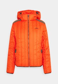 Světlé oranžové prošívané sako se zipem vpředu, vysokým límcem, nastavitelnou kapucí a tmavě šedými detaily na ramenou, kapsách a manžetách.