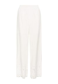 Pantalon blanc à jambes larges avec taille élastique et broderie ajourée le long de l'ourlet.
