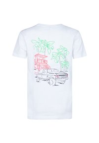 Bílý bavlněný tričko s grafikou náklaďáku a záchranné věže, obkreslené růžovou a zelenou, s palmami v pozadí.