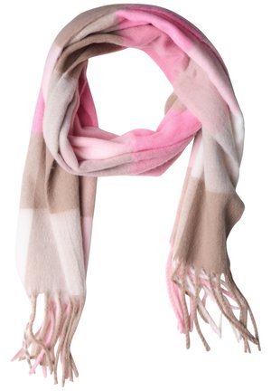 Blødt tørklæde med stort ternet mønster i nuancer af pink, beige og hvid, med snoede frynser i begge ender.