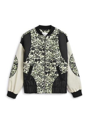 Bomber jacket with green and black leopard print front, black and beige sleeves with leopard print elbow patches, front pockets, and zipper closure.