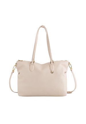 Beige Leder-Tote-Bag mit zwei langen Griffen, abnehmbarem Schultergurt und goldfarbenen Metallakzenten auf einem weißen Hintergrund.
