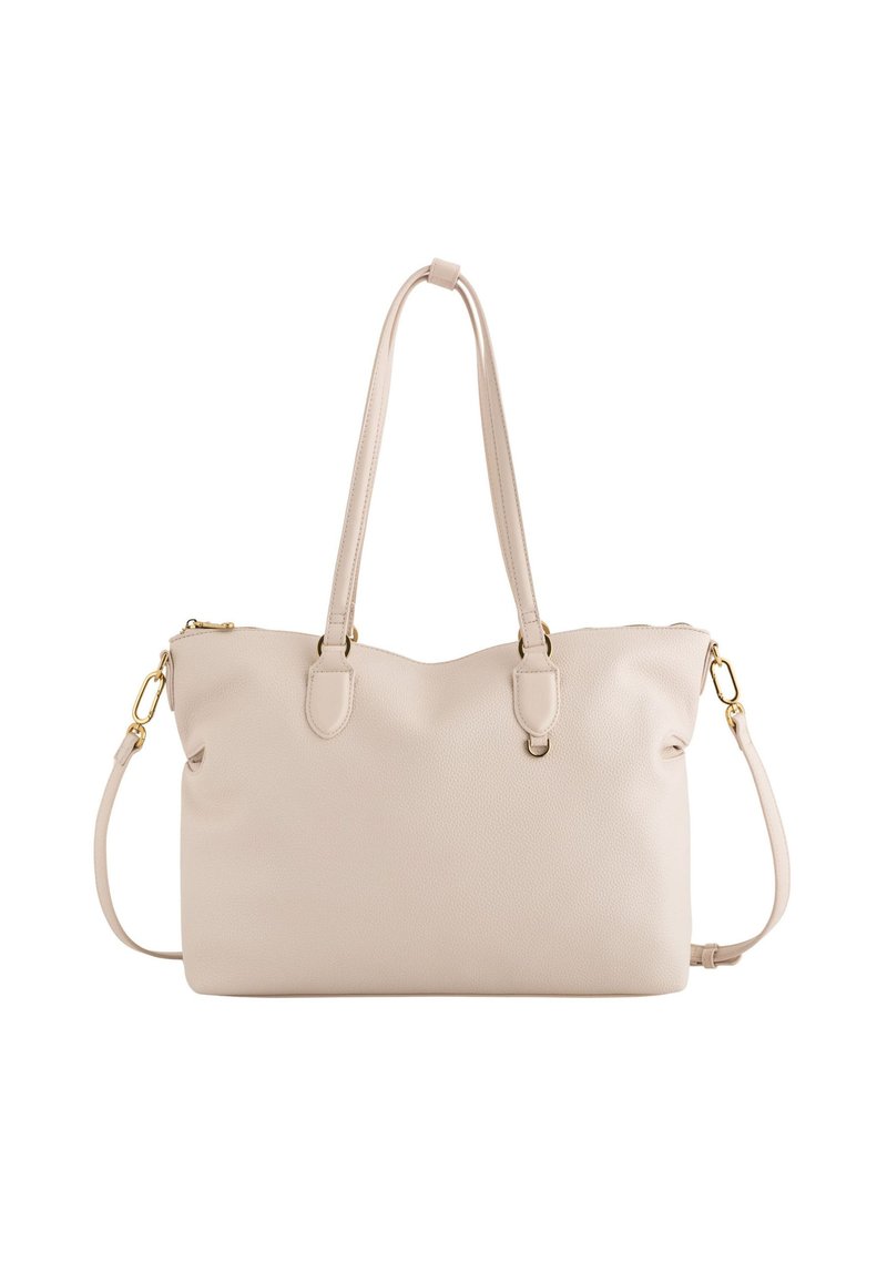 Beige læder tote taske med to lange håndtag, aftagelig skulderrem og hardware i guldfarvet metal på hvid baggrund.
