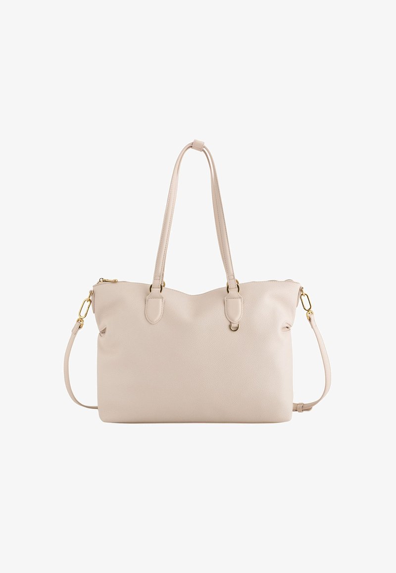 Geantă de umăr din piele bej, cu două mânere lungi, curea de umăr detașabilă și accente din metal de culoare aurie, pe un fundal alb.