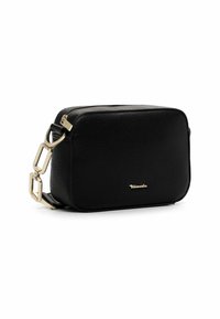 Black leather crossbody bag with a rectangular shape, textured finish, gold hardware, and a side zipper. Features a branded gold logo.