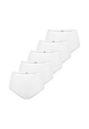 Five plain white high-waisted women's briefs arranged in a descending diagonal row on a white background.