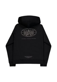 Schwarzer Kapuzenpullover mit großem dunkelgrauem Alpha Industries Logo und Schriftzug auf der Rückseite, der eine Weltkugel und den stilisierten Buchstaben A zeigt.