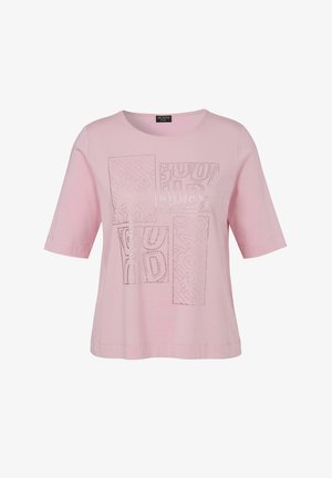Pink short-sleeve t-shirt featuring a textured design with multiple squares, embossed patterns, and silver detailing. Smooth cotton material.
