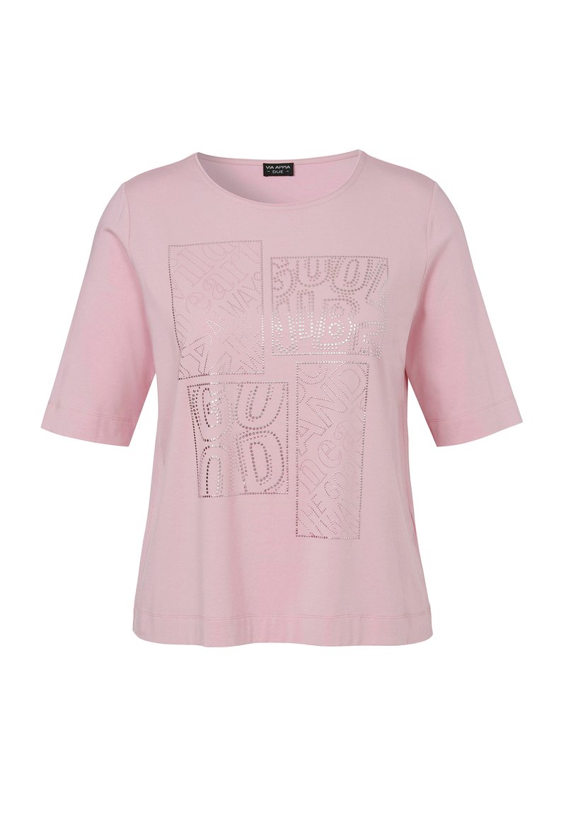 Roze T-shirt met korte mouwen met een textuurdesign en meerdere vierkanten, reliëfpatronen en zilveren details. Glad katoenen materiaal.