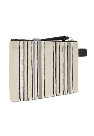 Bolsa de tela beige con rayas verticales en negro, blanco y gris, cremallera negra con tirador y una pequeña anilla lateral negra.