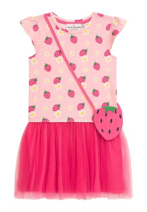 Rosa Kleinkinderkleid mit Erdbeer- und Blumenmuster auf dem Oberteil, Tüllrock und passender Umhängetasche in Erdbeerform.