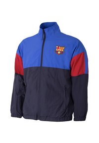 Windbreaker jack met blauwe bovenkant, rode mouwen en marineblauwe onderkant. Voorzien van een ritsluiting en geborduurd logo op de borst.