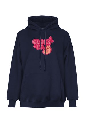 Mørkeblå hættetrøje med frontlomme og snører, med pink og orange teksturtekst og design på brystområdet.
